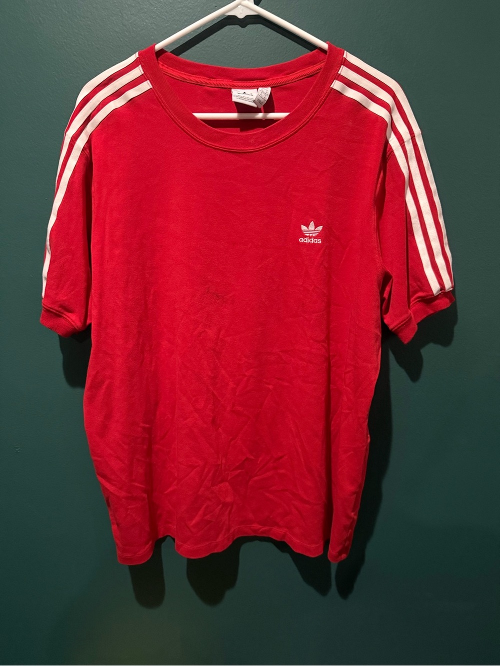 adidas Red Tee with White Trefoil and Three Stripes
